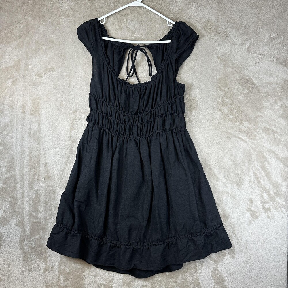 Anthropologie Dress Womens Medium Black Linen Blend Smocked Mini Ruffle Sundress